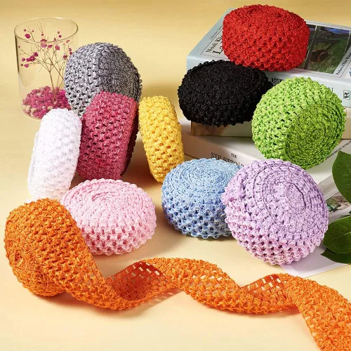 Vista 6 de KISSITTY 2 rollos de cintas elásticas de ganchillo de 10.93 yardas, de poliéster negro, banda elástica de ganchillo plano para envolver regalos