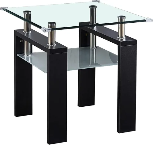 Vista 5 de SSLine Mesa auxiliar de vidrio templado, moderna mesa auxiliar rectangular transparente de 2 niveles con estante inferior, mesas centrales de vidrio