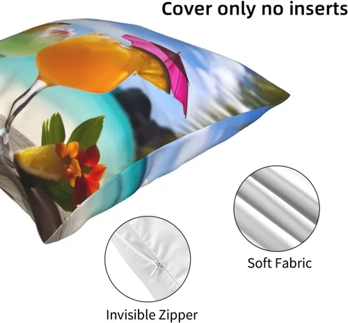 Vista 5 de Funda de almohada cuadrada suave con estampado de bebidas tropicales, para decoración del hogar, sala de estar, cama, sofá automóvil, 20 x 20