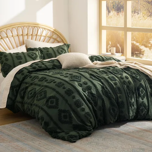 Vista 23 de Bedsure - Juego de edredón individual/King, juego de cama bohemio azul polvo capitoné, 3D, tipo jacquard, 2 piezas: 1 edredón estilo rústico chic