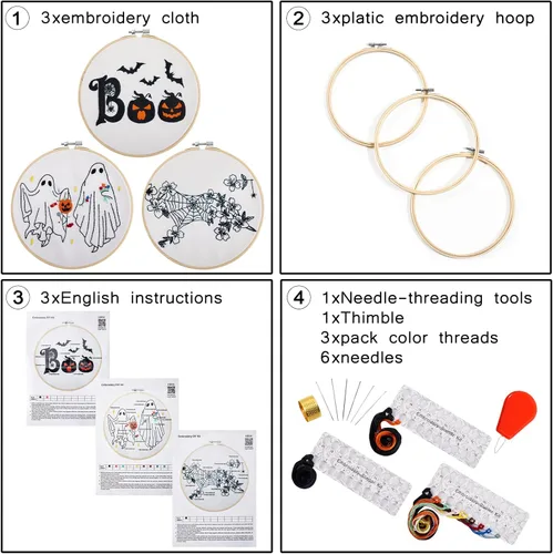Vista 2 de Kit de bordado de Halloween para adultos principiantes, kit de punto de cruz estampado para adultos principiantes, kit de inicio de bordado a mano