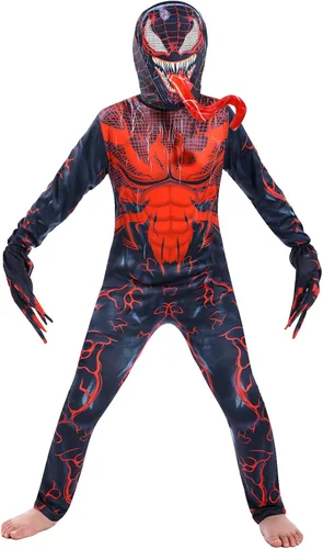 Vista 3 de TWITTOOLS Disfraz de Halloween para niños, disfraz de superhéroe para cosplay, overol de elastano 3D con máscara de lengua, guantes