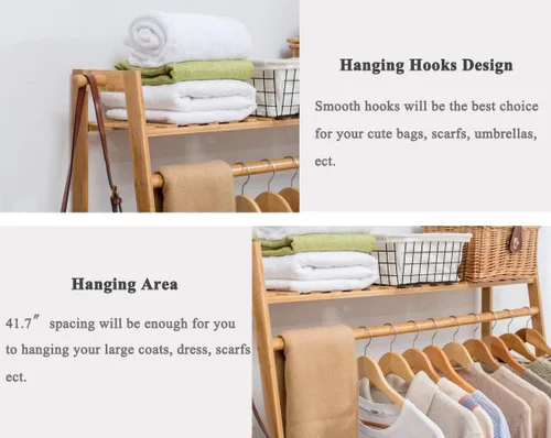 Vista 4 de COPREE Perchero de bambú para colgar ropa resistente con estante superior y estantes organizadores de almacenamiento de ropa para zapatos
