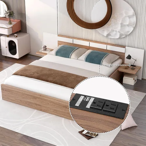 Vista 21 de Cama de plataforma de tamaño matrimonial con cajones y estantes de almacenamiento, base de cama de madera maciza, base de colchón con cabecera