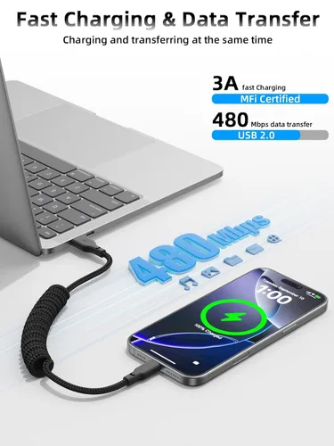 Vista 4 de Quickeep Cable Carplay para automóvil de 3 pies en espiral USB A a USB C, cable de carga rápida para iPhone 16/15/Plus/Pro Max/MacBook Pro, cable