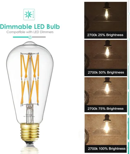 Vista 4 de Leools Bombilla de filamento LED estilo Edison de 10 W, bombillas equivalentes a 100 W, regulables, blanco cálido 2700 K, 1200 lm, ST64, E26