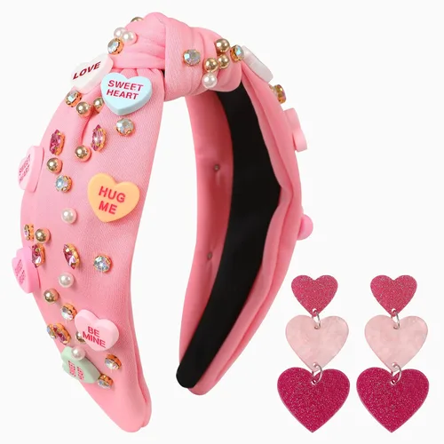 Vista 12 de Diademas de corazón de caramelo para el día de San Valentín para mujer, diadema de corazón de conversación de amor con diamantes de imitación