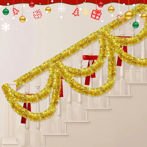 Vista 5 de Guirnalda de oropel dorada de Navidad de 50 pies, guirnalda metálica brillante con diseño de oropel colgante para adornos de árbol de Navidad