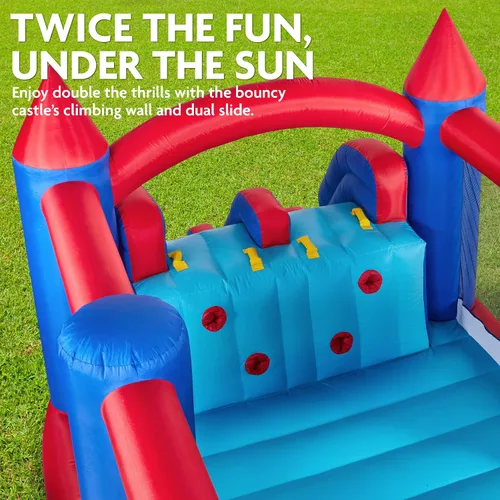 Vista 7 de Sunny & Fun Castillo hinchable inflable con doble tobogán – Resistente para la diversión al aire libre – Pared de escalada, toboganes, casa