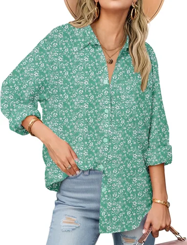 Vista 8 de Zeagoo - Blusas de lino con botones para mujer, de gasa, algodón, manga larga, blusas informales con cuello, corte holgado