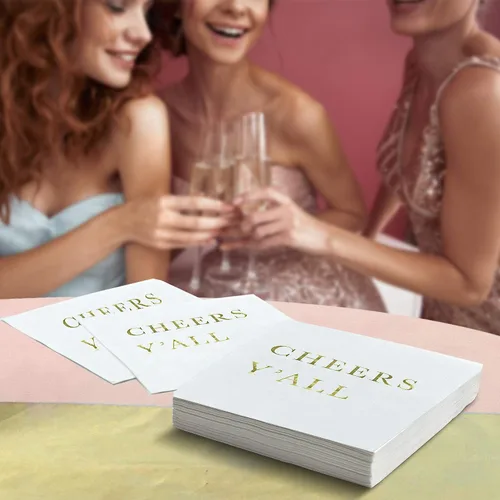 Vista 3 de Servilletas de cóctel Cheers Y'all, servilletas de fiesta, servilletas de boda, servilletas de papel desechables de 3 capas para recepción de boda