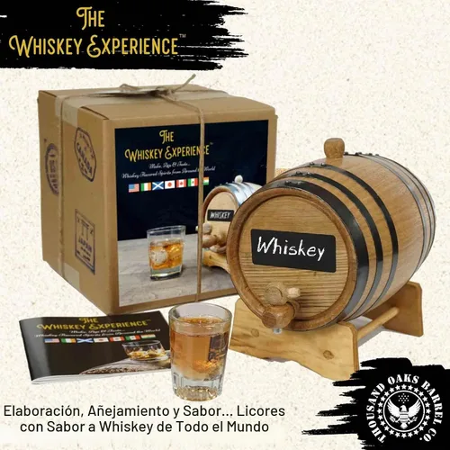 Vista 2 de The Whiskey Experience - Kit de elaboración de whisky prémium con barril de envejecimiento de roble de 1 litro y 10 esencias de sabor a licor, hace