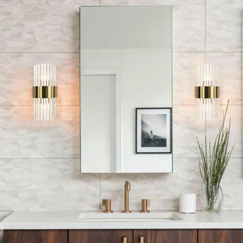 Vista 3 de Juego de 2 apliques de pared de cristal dorado, modernos apliques de cristal de iluminación de 2 luces de latón para pared de baño, pasillo