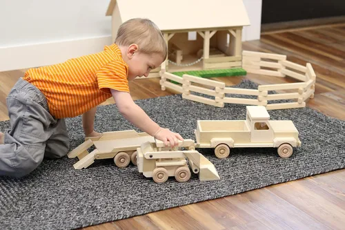 Vista 2 de Camión de madera y remolque plano con juego de skidloader