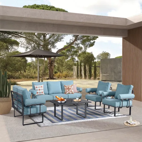 Vista 9 de HOOOWOOO Juego de muebles de aluminio para patio al aire libre, 5 piezas, sofá moderno de mediados de siglo, asiento de sofá resistente a la Gris