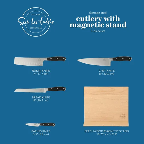 Vista 2 de Sur La Table Kitchen Essentials - Juego de 5 piezas de cuchillos de acero alemán con mango triple remachado en bloque magnético de madera de haya