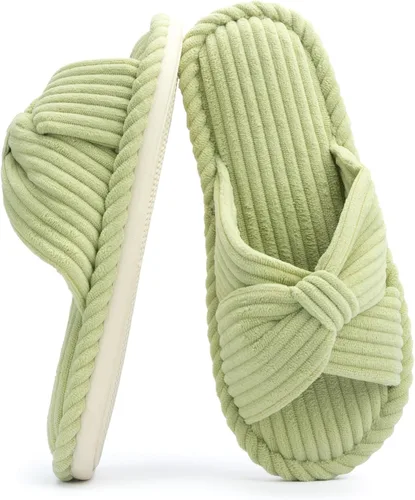 Vista 17 de Chantomoo Pantuflas para mujer, de espuma viscoelástica, para el hogar, dormitorio, baño, spa, puntera abierta, con lazo de pana, acogedoras