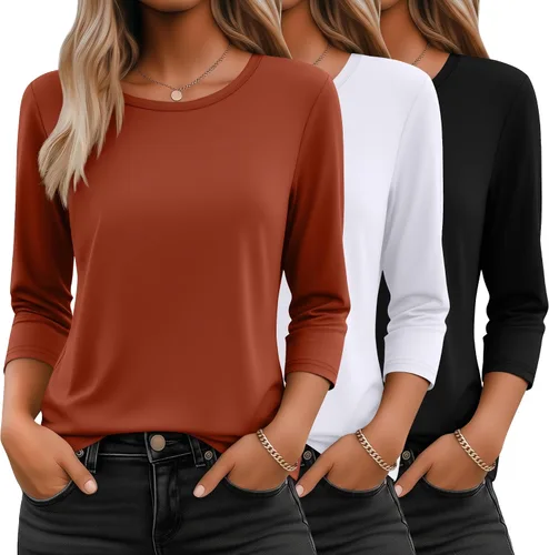 Vista 32 de Ficerd Paquete de 3 camisetas de manga 3/4 para mujer, cuello redondo, camisetas básicas elegantes, casuales, modernas, holgadas
