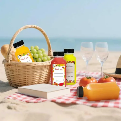 Vista 7 de 48 botellas de jugo de 8 onzas con tapas, botellas de plástico con tapas, recipientes reutilizables transparentes a granel para jugo, leche y otras