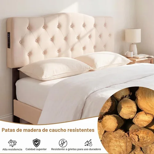 Vista 8 de GIANTEX - Cabecera con estación de carga, tamaño Queen/Matrimonial, tapizada con botones y 2 salidas de CA, puerto USB y tipo C, patas de madera