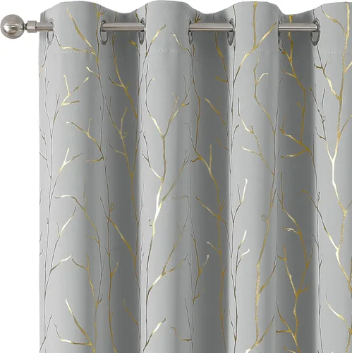 Vista 66 de BUHUA Cortinas pequeñas para ventana de 36 pulgadas de largo, 2 paneles, cortinas opacas con elegantes ramas de árbol plateadas, cortinas de bloqueo