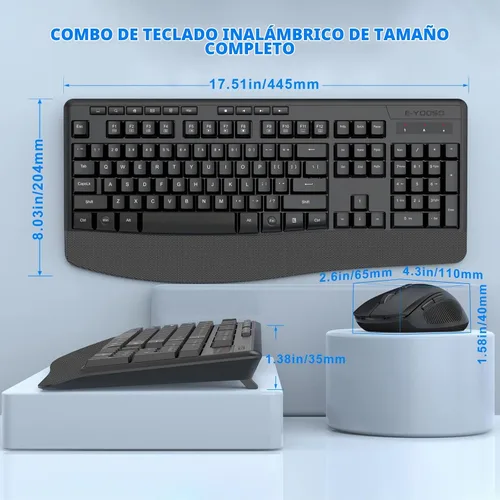Vista 2 de Combo de teclado y mouse inalámbricos, E-YOOSO 2.4GHz, teclado inalámbrico ergonómico de tamaño completo con reposa muñecas, mouse USB inalámbrico