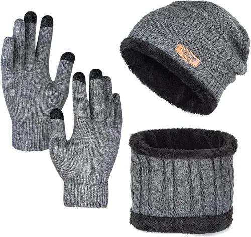 Vista 3 de Gorro de invierno para hombre, bufanda y guantes de pantalla táctil, forro polar, bufanda y guantes para hombre y mujer