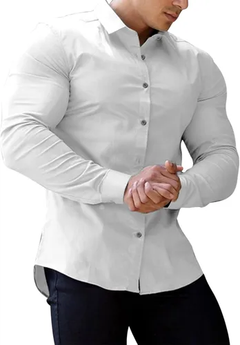 Vista 12 de Camisetas para hombre, estilo casual, con botones, de manga larga, color sólido, para vestir muscular, a la moda, para el trabajo, fitness, ropa