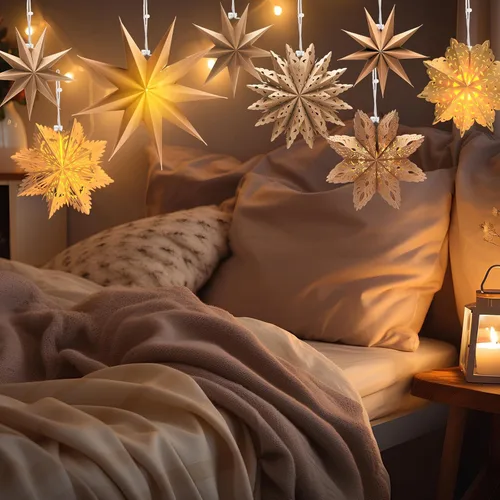 Vista 7 de Leinuosen Juego de 10 Faroles de Papel de Copo de Nieve de Navidad, Faroles de Estrella de Papel con 10 Luces LED, Lámpara de Estrella Colgante