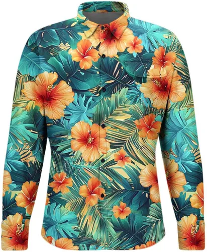 Vista 6 de Camisa hawaiana de manga larga con botones florales tropicales para hombre, camisas de playa con estampado de flores, camisas casuales de viaje