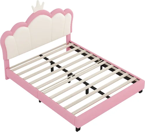 Vista 7 de Harper & Bright Designs Base de cama de princesa tapizada de tamaño matrimonial con cabecero de corona para niños, niñas, niños pequeños, cama