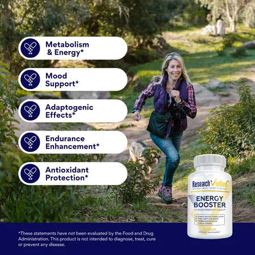 Vista 4 de Research Verified Energy Booster - 180 Cápsulas - Sin cafeína - Vitaminas B y adaptógenos - Suministro para 3 meses