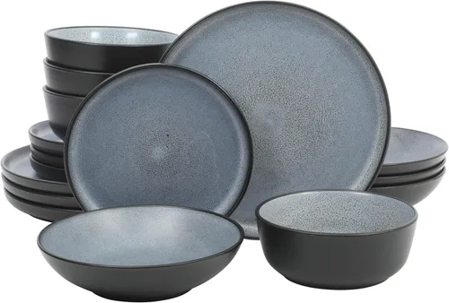 Vista 18 de Gibson Elite Leeds Court - Juego de platos y cuencos de cerámica de 16 piezas, colores surtidos, juego de platos redondos de esmalte reactivo moteado