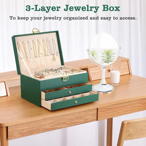 Vista 4 de LETURE Joyero de alta calidad con cajones, organizador de joyas grande con cerradura de 3 capas para mujeres y niñas, estuche de almacenamiento