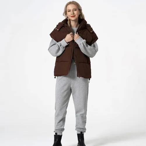 Vista 51 de Shiyifa Chaleco acolchado para mujer, chaqueta de gran tamaño, sin mangas, ligera, con cremallera, con capucha desmontable