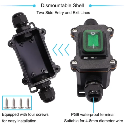 Vista 5 de IP67 Interruptor de línea impermeable en línea 16A/250V 20A/125V CA DPST de 4 pines, 2 posiciones, interruptor de palanca exterior con botón de Verde