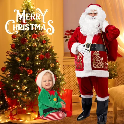 Vista 5 de Disfraz de Papá Noel para hombres adultos, traje de Papá Noel, 11 piezas, profesional, talla grande, traje de terciopelo de Navidad, fiesta