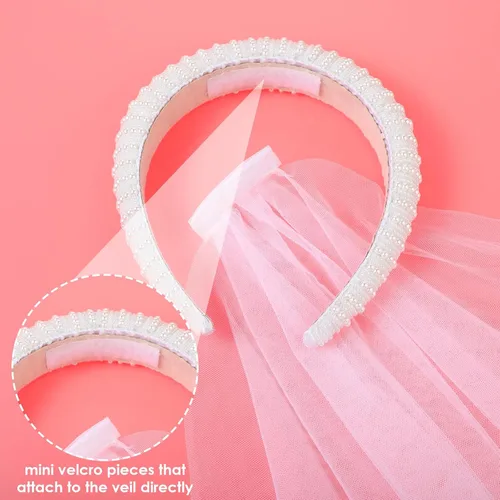 Vista 4 de Yolev Diadema de perlas con velo desmontable para boda, velo de novia, tocado de perlas blancas, decoración de despedida de soltera, regalo