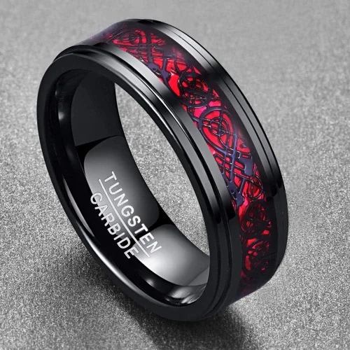Vista 2 de Corato Anillos de tungsteno para hombre, 0.315in, dragón celta negro y ópalo rojo, dos tonos, carburo de tungsteno, borde escalonado, ajuste cómodo