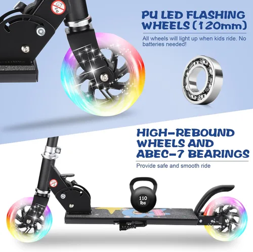 Vista 3 de Patinete para niños de 3 a 12 años – Patinete para niños con ruedas de luz LED y manubrio ajustable de 3 niveles, ligero y plegable de 2 ruedas