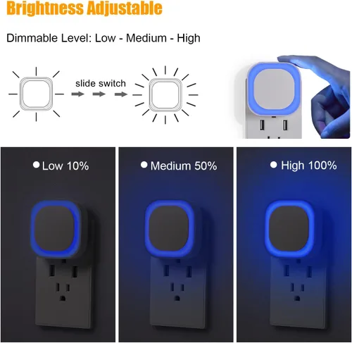 Vista 2 de YUNLEX Paquete de 4 luces nocturnas enchufables regulables, luz nocturna azul, sensor automático de atardecer a amanecer, luz nocturna LED, brillo