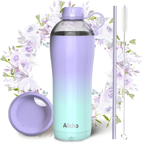Vista 13 de Bow - Botella de agua aislada para mujeres, botellas de agua de acero inoxidable de 18 oz, de doble pared, 2 tapas (para beber y vaso) - Hidrata