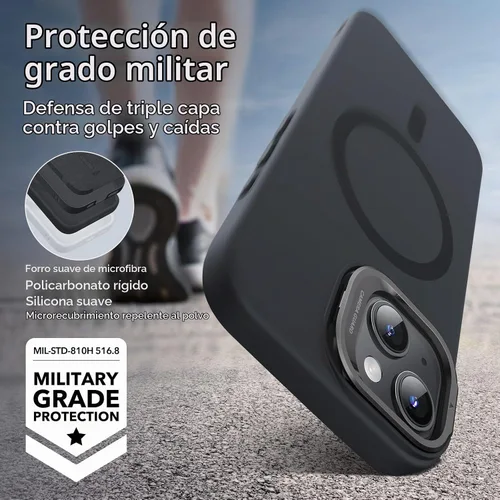 Vista 7 de ESR Funda para iPhone 15 Plus, funda de silicona MagSafe con soporte, protección de grado militar, soporte integrado para guardar cámara, funda