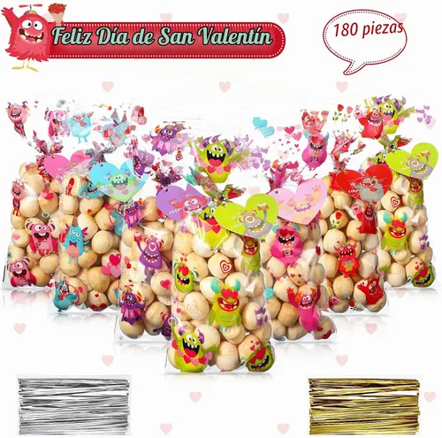 Vista 3 de Funrous 180 bolsas de celofán de San Valentín a granel, bolsas de plástico para el día de San Valentín con etiqueta de corazón y lazos para niños