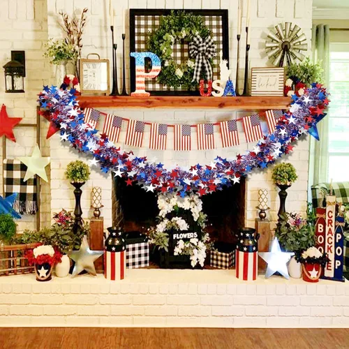 Vista 6 de Decoraciones de guirnalda del 4 de julio, decoración patriótica de oropel con purpurina de 50 pies para árbol, coche, carrito de golf, desfile