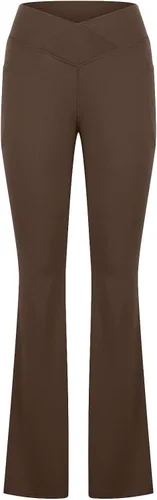 Vista 4 de Leggings acampanados cruzados para mujer, cintura alta, corte en V, corte de bota, pantalones de yoga acampanados con bolsillos