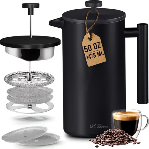 Vista 10 de Utopia Kitchen Cafetera de prensa francesa de acero inoxidable de grado 304, 12 onzas, prensa de café aislada de doble pared con sistema