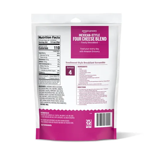 Vista 2 de Amazon Grocery, Mezcla de cuatro quesos estilo mexicano, finamente rallados, 16 onzas (anteriormente Happy Belly, el empaque puede variar)