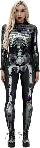 Vista 10 de Disfraz de esqueleto de calavera para Halloween para mujer, overol elástico y ajustado Skull Skeleton Costume Jumpsuits Stretch Skinny Catsuit