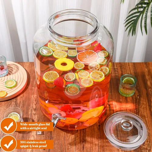 Vista 5 de Baderke Dispensador de bebidas de vidrio de 6 galones para fiestas, dispensador de agua de vidrio con espiga de acero inoxidable 18/8 a prueba